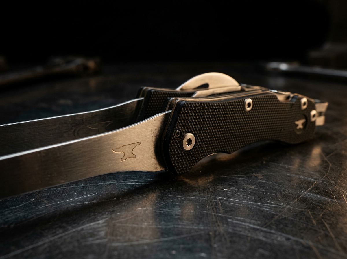 Macro detail of BLCK ANVL folding tongs closing on a steel bench