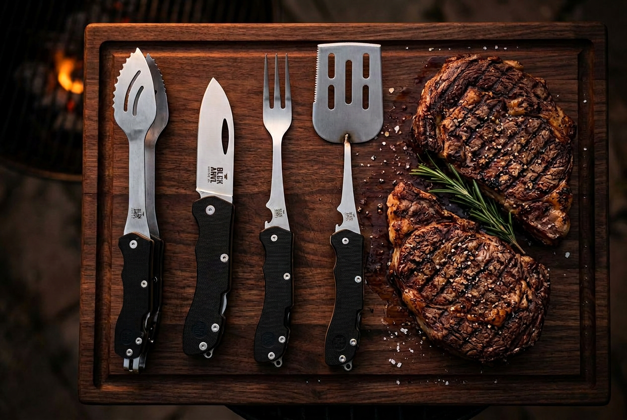 The ANVL Series — four folding BBQ tools on a walnut board